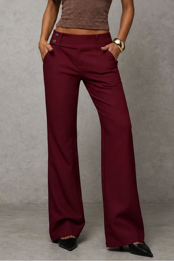 Wine Red Women's Wide Leg Trousers with High-Waisted Button-Tab Waistband in Structured Polyester