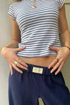 Dark Blue Women's Cotton Lounge Pants with Elastic Waist & Wide-Leg Fit — Nadia - Close Up Waist Label