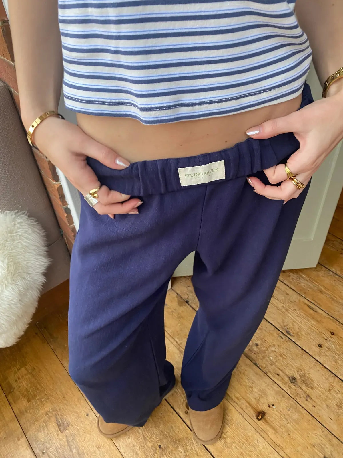 Dark Blue Women's Cotton Lounge Pants with Elastic Waist & Wide-Leg Fit - Front Full Hands Waistband