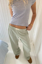 Green Women's Cotton Lounge Pants with Elastic Waist & Wide-Leg Fit — Nadia - Front Close Up Waist