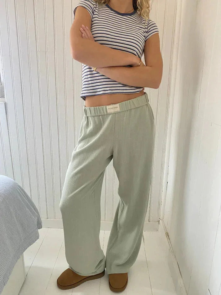Green Women's Cotton Lounge Pants with Elastic Waist & Wide-Leg Fit