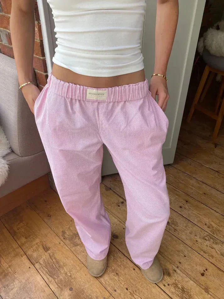 Pink Women's Cotton Lounge Pants with Elastic Waist & Wide-Leg Fit