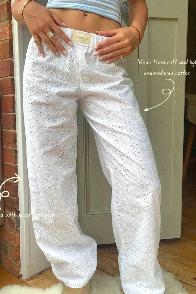 White Women's Cotton Lounge Pants with Elastic Waist & Wide-Leg Fit