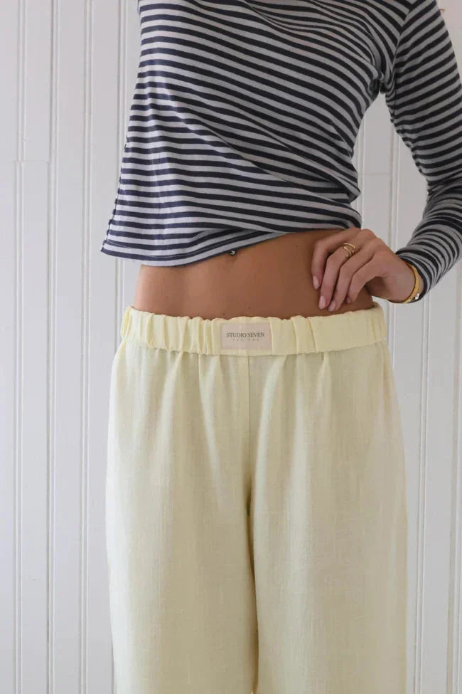 Yellow Women's Cotton Lounge Pants with Elastic Waist & Wide-Leg Fit — Nadia - Close Up Waistband Label