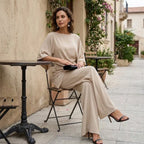 Women's Wide Leg Pants Set with Cape Sleeves & Draped Top - Seated Cafe
