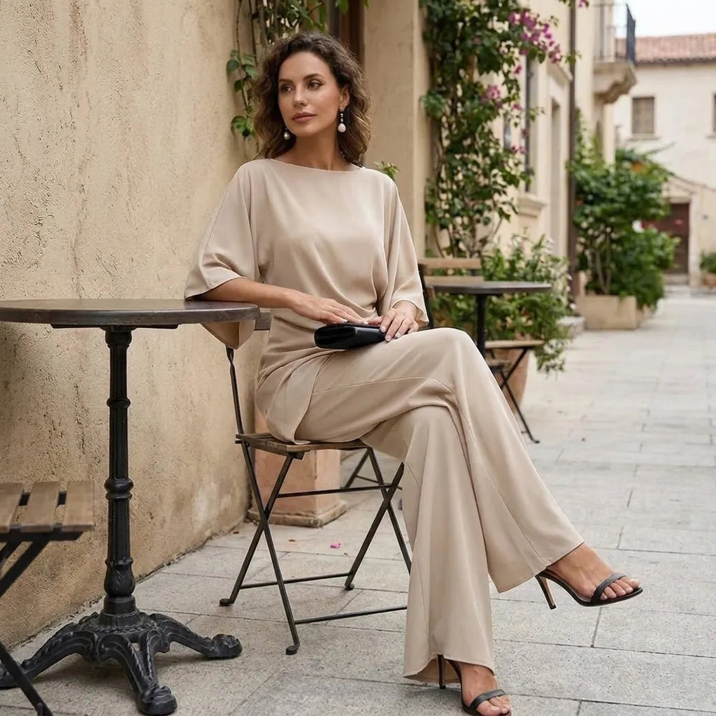 Women's Wide Leg Pants Set with Cape Sleeves & Draped Top - Seated Cafe