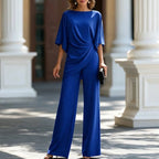 Blue Women's Wide Leg Pants Set with Cape Sleeves & Draped Top