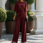 Women's Wide Leg Pants Set with Cape Sleeves & Draped Top - Front Dark