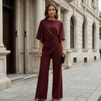 Burgundy Women's Wide Leg Pants Set with Cape Sleeves & Draped Top - Front Pose