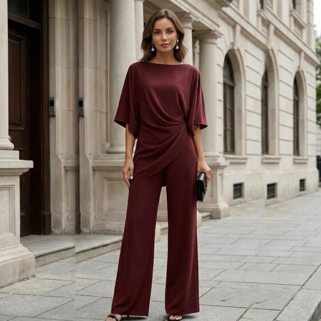 Burgundy Women's Wide Leg Pants Set with Cape Sleeves & Draped Top - Front Pose