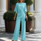 Women's Wide Leg Pants Set with Cape Sleeves & Draped Top - Front Casual