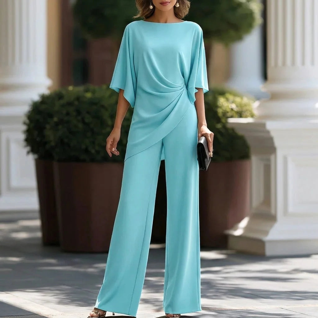 Women's Wide Leg Pants Set with Cape Sleeves & Draped Top - Front Casual