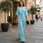 Light Blue Women's Wide Leg Pants Set with Cape Sleeves & Draped Top