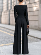 Black Women's Wide Leg Jumpsuit with Boat Neckline & Pleated High-Waist - Back Full