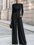 Black Women's Wide Leg Jumpsuit with Boat Neckline & Pleated High-Waist