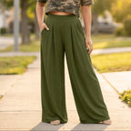 Army Green Women's Wide-Leg Pleated Palazzo Pants with High-Waisted Pockets