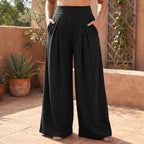 Black Women's Wide-Leg Pleated Palazzo Pants with High-Waisted Pockets - Front Full Patio