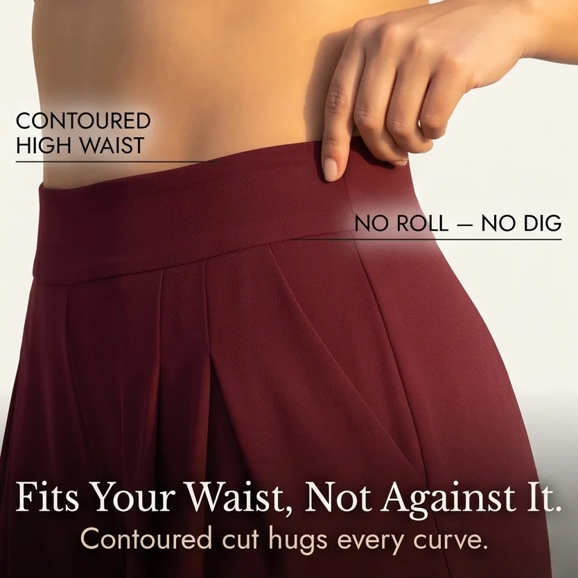 Women's Wide-Leg Pleated Palazzo Pants with High-Waisted Pockets - Close Up Waistband Detail