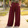 Burgundy Women's Wide-Leg Pleated Palazzo Pants with High-Waisted Pockets - Front Full Pockets
