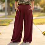 Burgundy Women's Wide-Leg Pleated Palazzo Pants with High-Waisted Pockets - Front Full Pockets