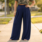 Navy Blue Women's Wide-Leg Pleated Palazzo Pants with High-Waisted Pockets