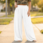 White Women's Wide-Leg Pleated Palazzo Pants with High-Waisted Pockets
