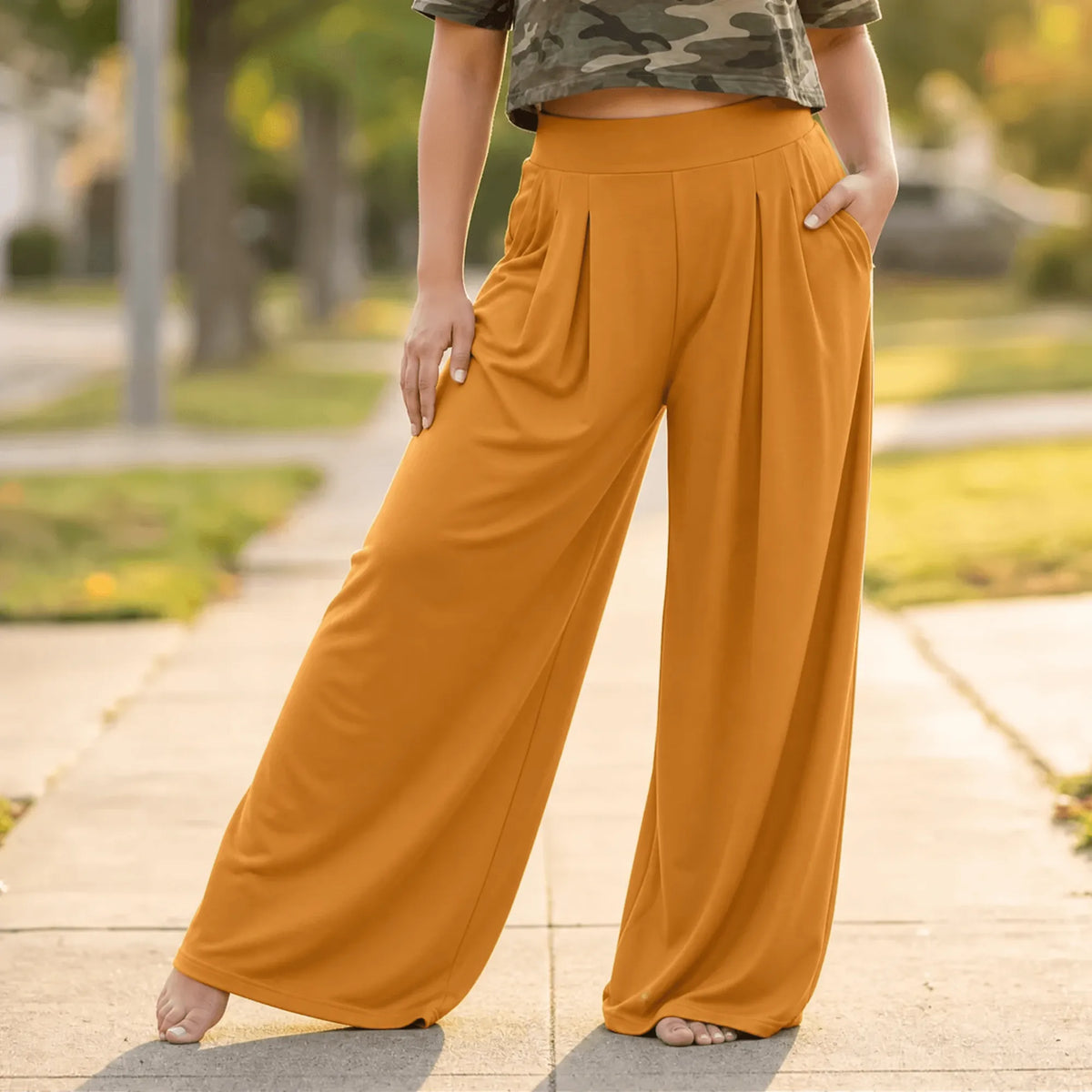 Yellow Orange Women's Wide-Leg Pleated Palazzo Pants with High-Waisted Pockets