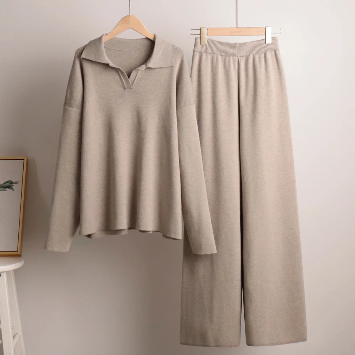 Women's Co-Ord Set with Relaxed Oversized Fit & Wide-Leg Pants - Flat Lay Hanging