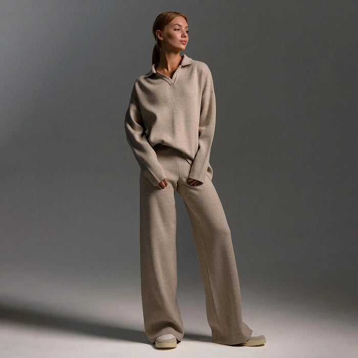 Beige Women's Co-Ord Set with Relaxed Oversized Fit & Wide-Leg Pants
