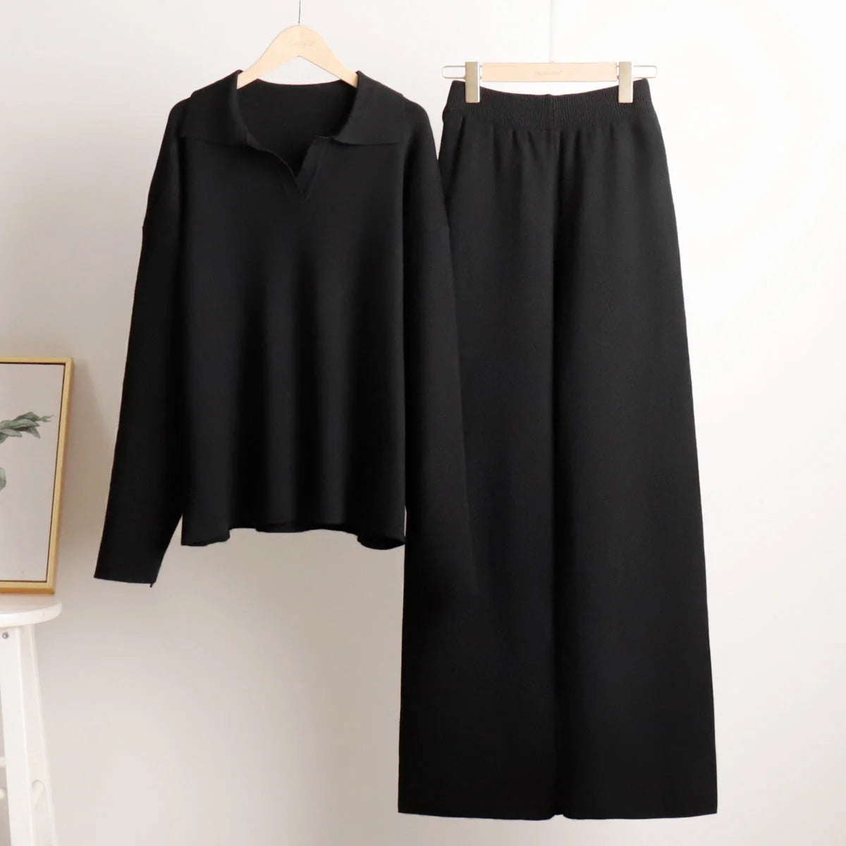 Black Women's Co-Ord Set with Relaxed Oversized Fit & Wide-Leg Pants — Melissa - Flat Lay