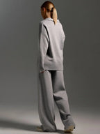Women's Co-Ord Set with Relaxed Oversized Fit & Wide-Leg Pants - Grey Back Full Standing