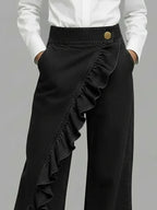 Black Women's Wide Leg Ruffle Jeans — Margot Stretch High-Waisted Wrap-Front - Close Up Detail