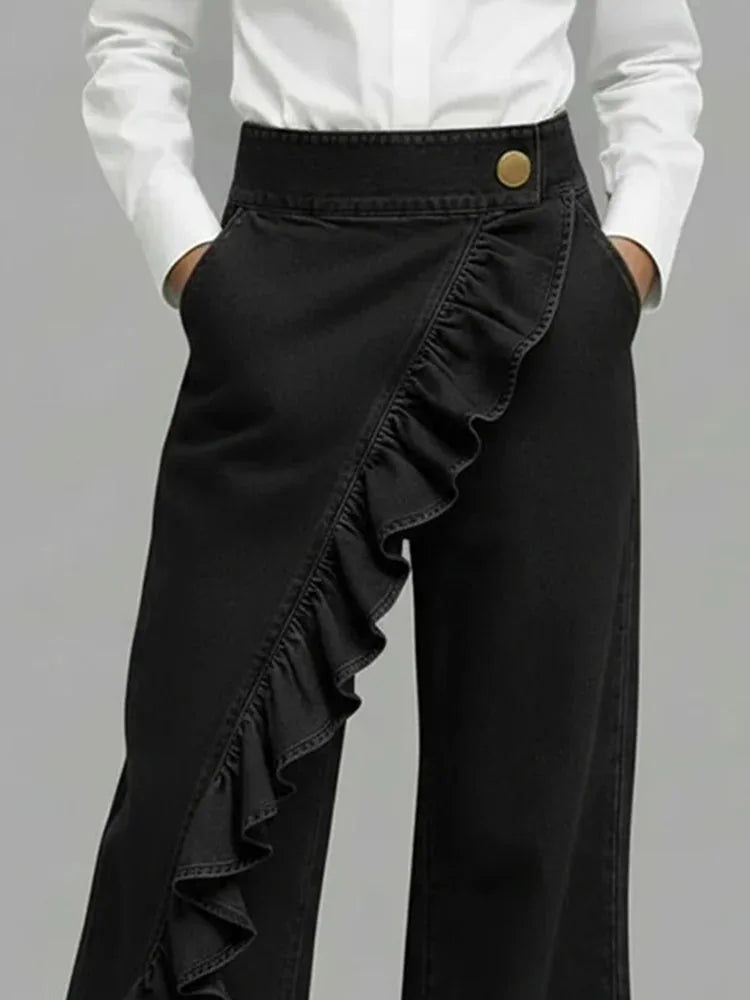 Black Women's Wide Leg Ruffle Jeans — Margot Stretch High-Waisted Wrap-Front - Close Up Detail