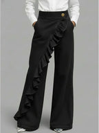 Black Women's Wide Leg Ruffle Jeans — Margot Stretch High-Waisted Wrap-Front - Front Full