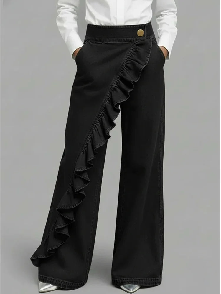 Black Women's Wide Leg Ruffle Jeans — Margot Stretch High-Waisted Wrap-Front - Front Full