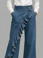 Blue Women's Wide Leg Ruffle Jeans — Margot Stretch High-Waisted Wrap-Front - Close Up Ruffle Detail