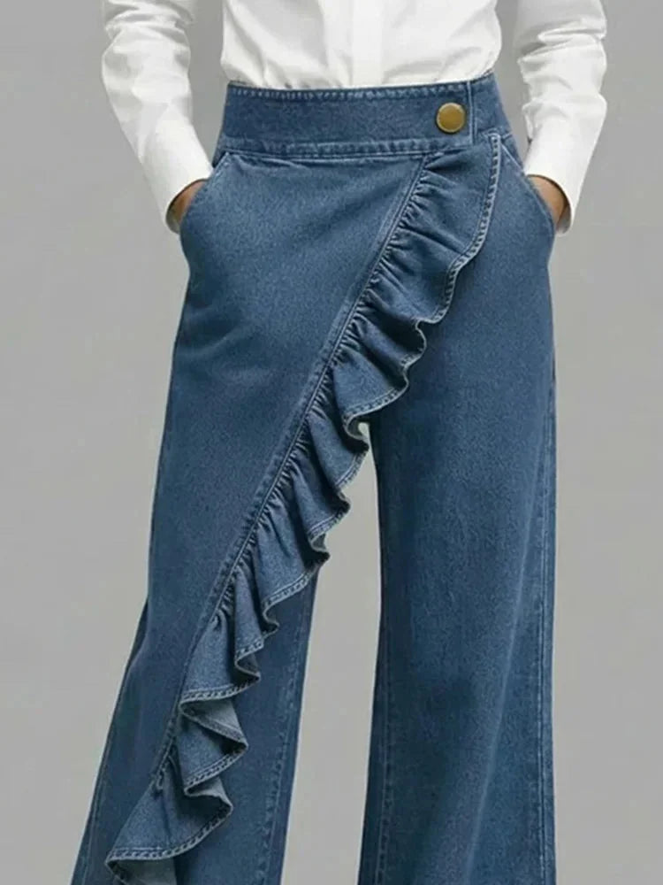 Blue Women's Wide Leg Ruffle Jeans — Margot Stretch High-Waisted Wrap-Front - Close Up Ruffle Detail