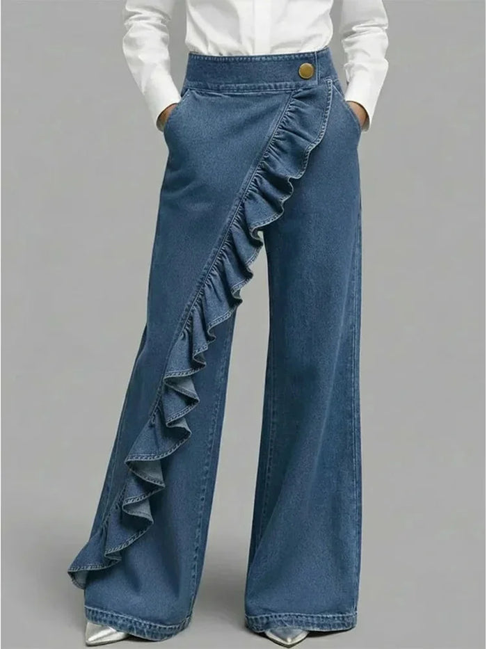 Blue Women's Wide Leg Ruffle Jeans — Margot Stretch High-Waisted Wrap-Front - Front Full