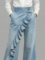 Light Blue Women's Wide Leg Ruffle Jeans — Margot Stretch High-Waisted Wrap-Front - Close Up Waist Detail