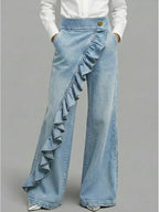 Light Blue Women's Wide Leg Ruffle Jeans — Margot Stretch High-Waisted Wrap-Front - Front Full Wash