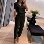 Black Women's V-Neck Wide Leg Two Piece Set — Edie Rayon Puff Sleeve Wrap Waist - Standing Pose Mirror Selfie