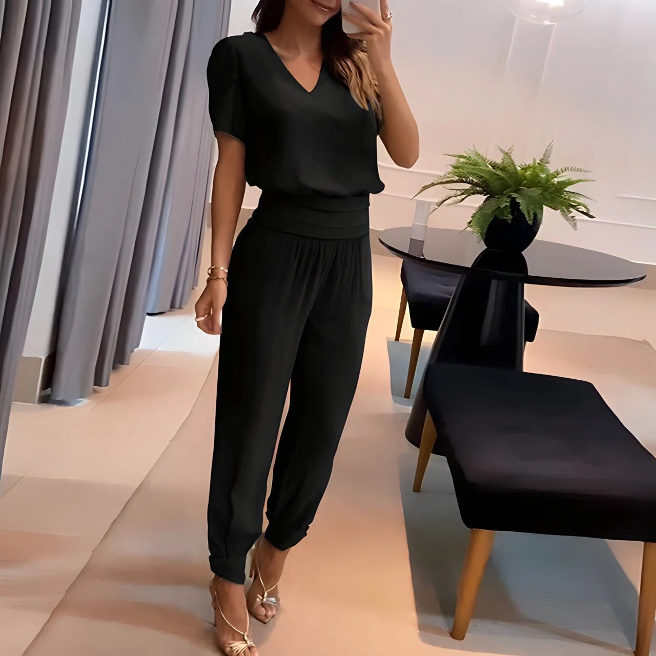 Black Women's V-Neck Wide Leg Two Piece Set — Edie Rayon Puff Sleeve Wrap Waist - Standing Pose Mirror Selfie