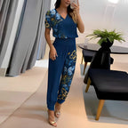 Blue Women's V-Neck Wide Leg Two Piece Set — Edie Rayon Puff Sleeve Wrap Waist - Side Angle Mirror Selfie