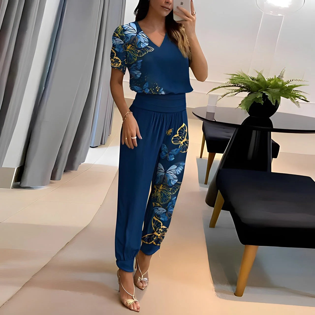 Blue Women's V-Neck Wide Leg Two Piece Set — Edie Rayon Puff Sleeve Wrap Waist - Side Angle Mirror Selfie