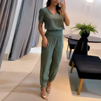 Green Women's V-Neck Wide Leg Two Piece Set — Edie Rayon Puff Sleeve Wrap Waist - Walking Pose Mirror Selfie