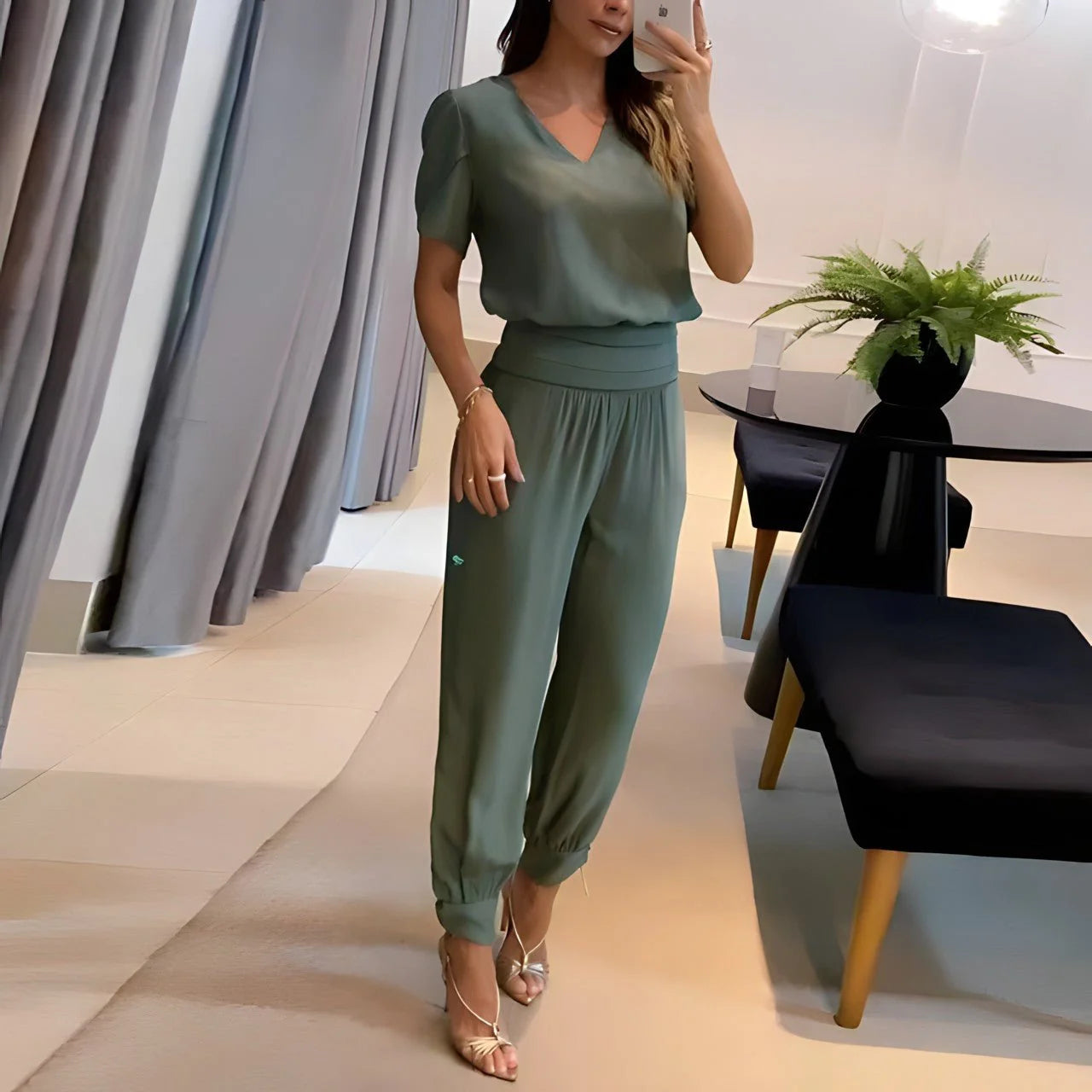 Green Women's V-Neck Wide Leg Two Piece Set — Edie Rayon Puff Sleeve Wrap Waist - Walking Pose Mirror Selfie