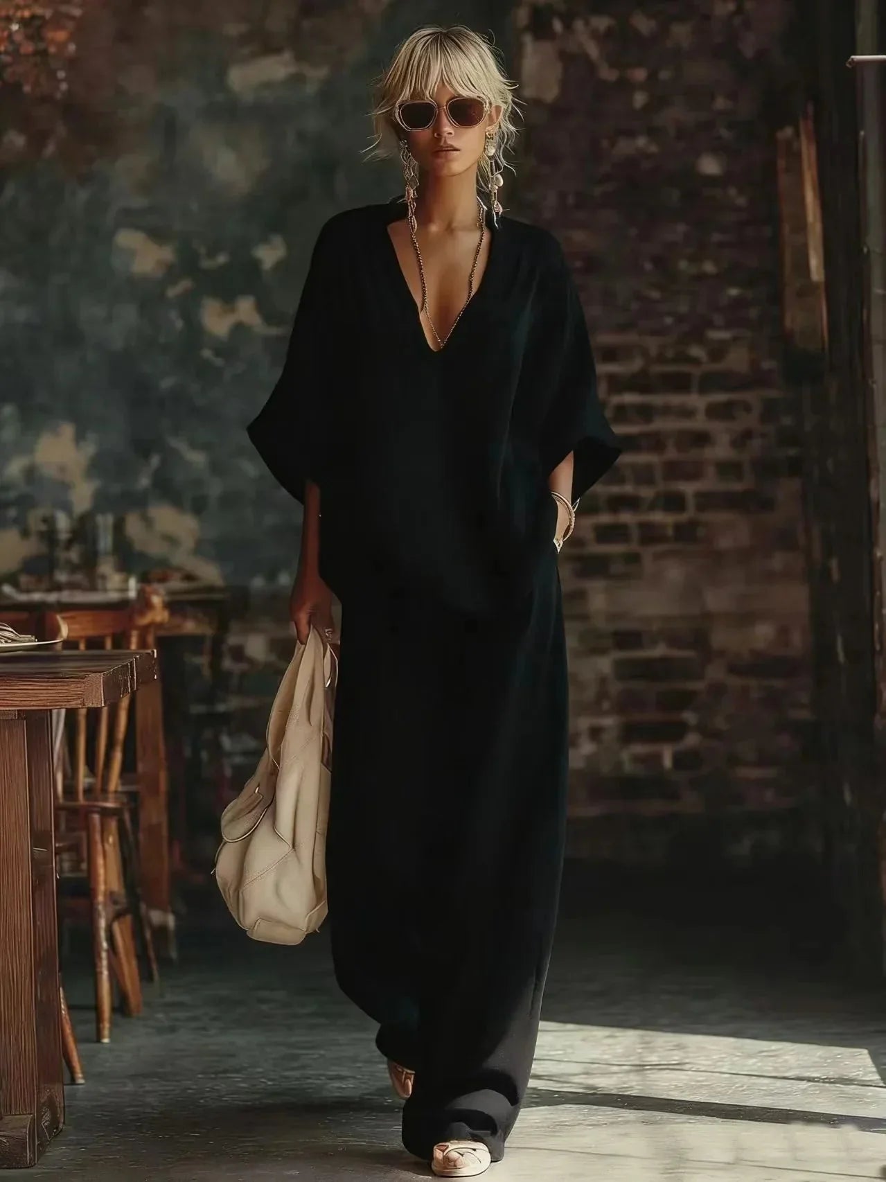 Black Women's Wide Leg Two-Piece Set — Maisie V-Neck Linen Relaxed - Full Length Front
