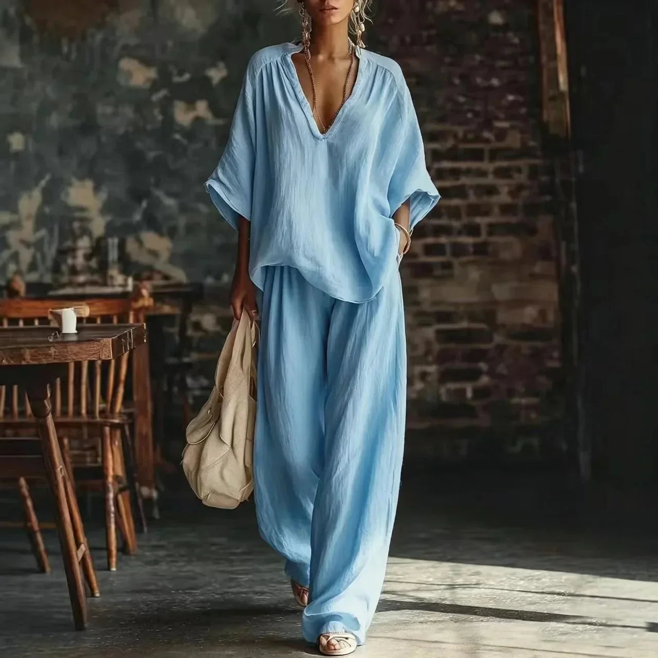 Blue Women's Wide Leg Two-Piece Set — Maisie V-Neck Linen Relaxed - Studio Pose