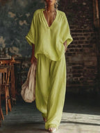 Green Women's Wide Leg Two-Piece Set — Maisie V-Neck Linen Relaxed - Front Strolling