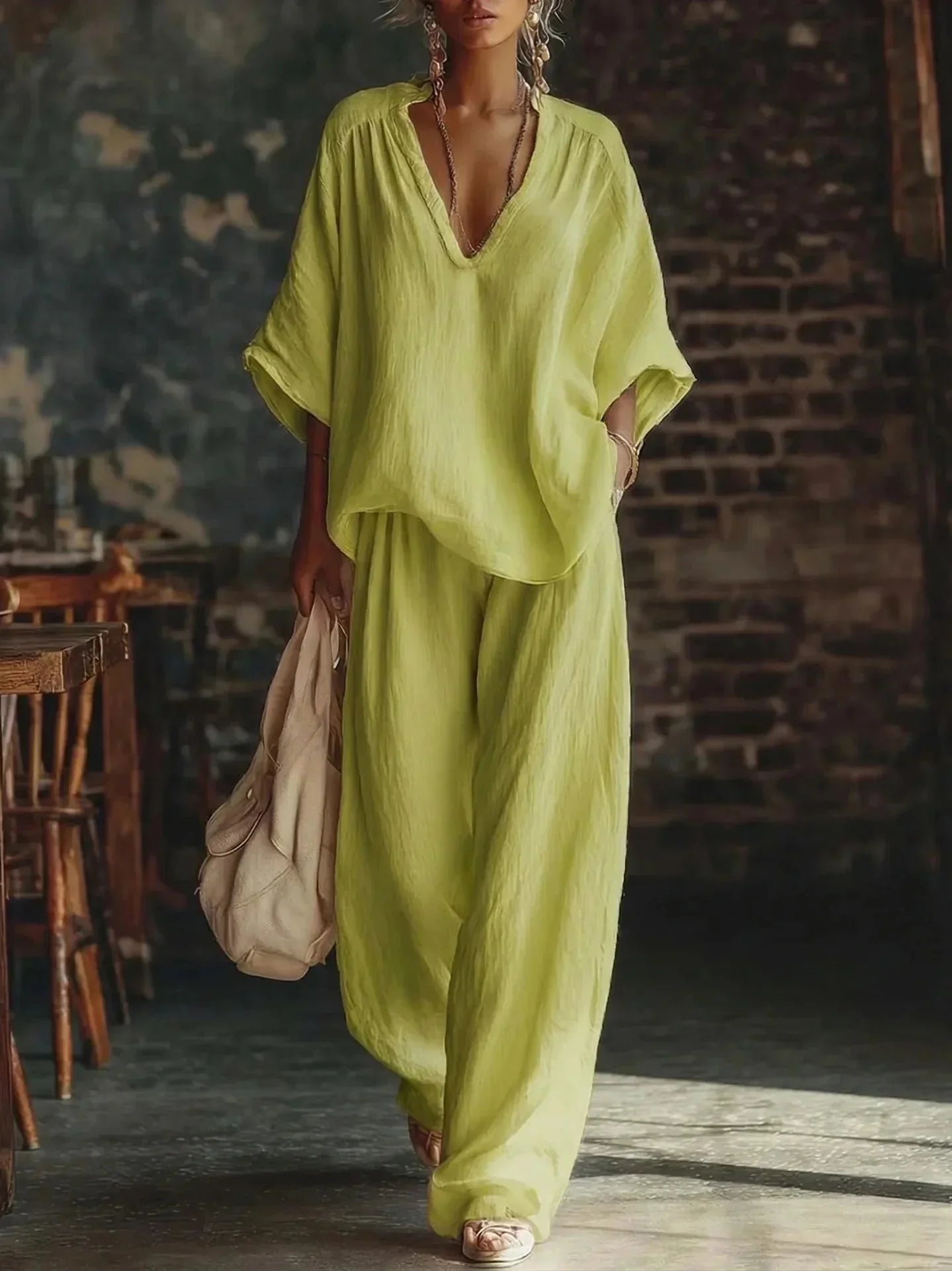 Green Women's Wide Leg Two-Piece Set — Maisie V-Neck Linen Relaxed - Front Strolling